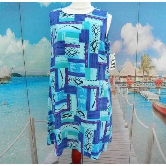 NEW by L.A.N.Y, SLEEVELESS DRESS,BLUE MULTI-COLOR PLUS SIZE 1X (MADE IN THE USA) - Picture 1 of 11